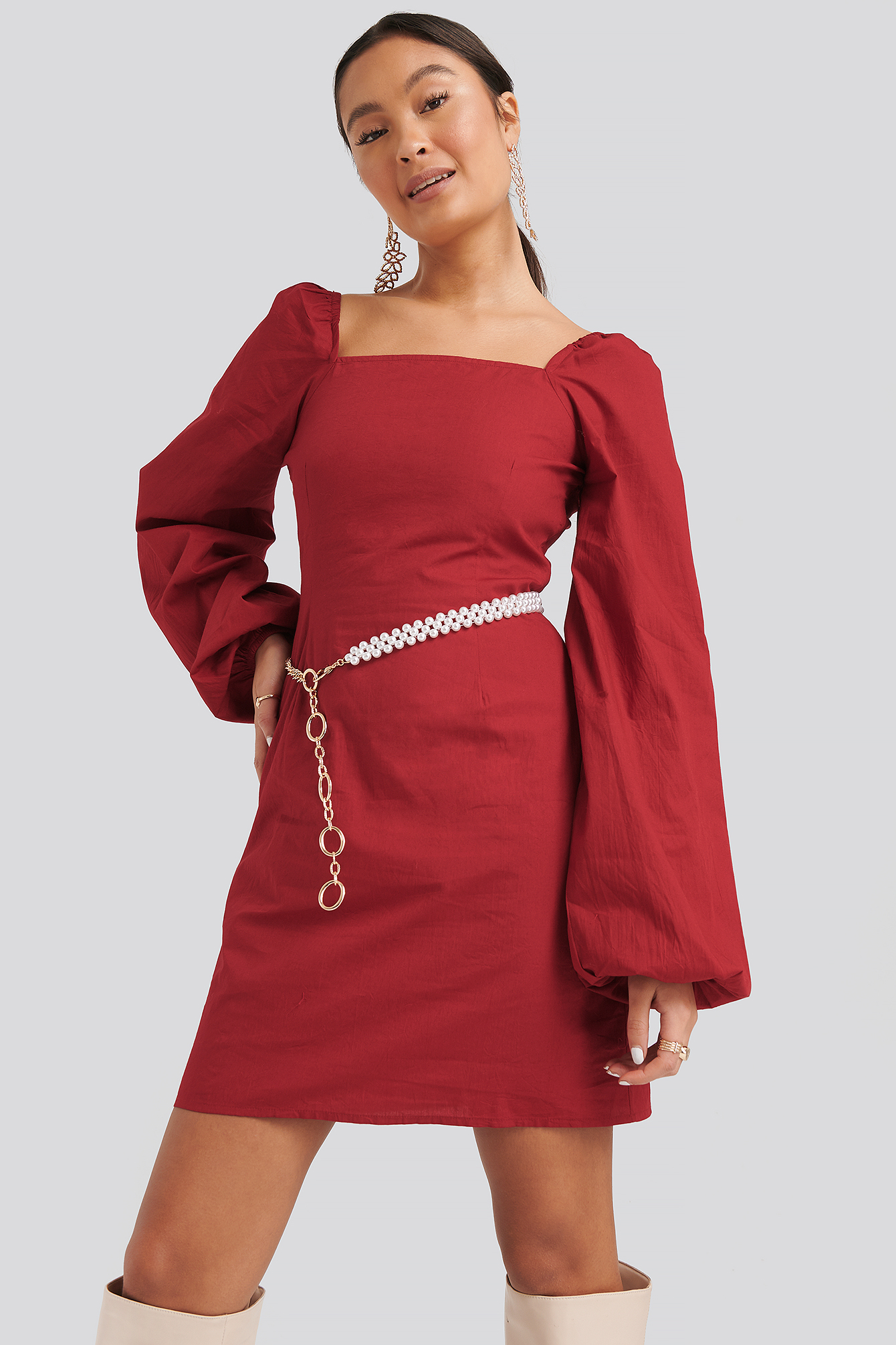 Square Neck Balloon Sleeve Dress Red ...